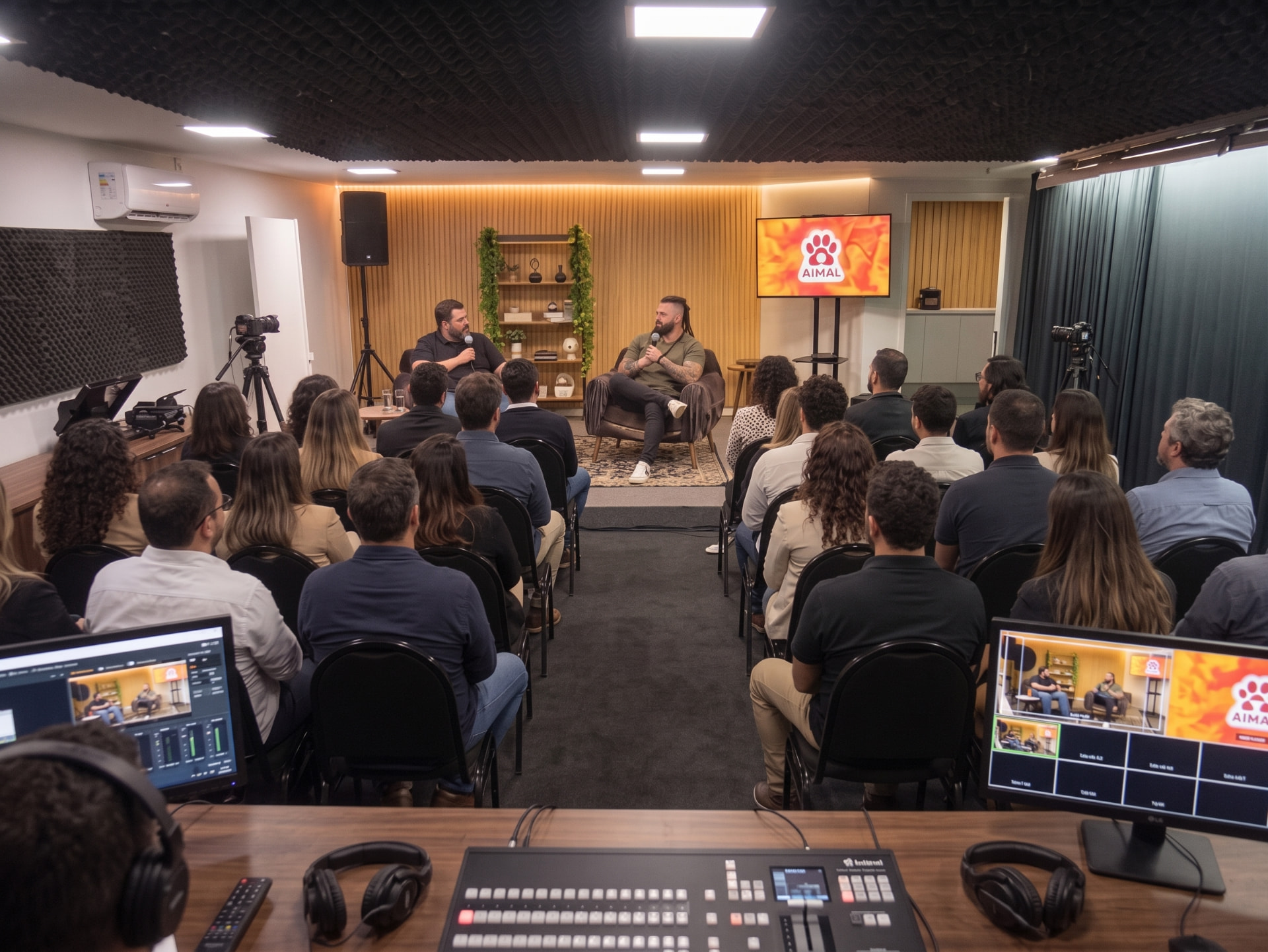 Estúdio de podcast com gravação ao vivo