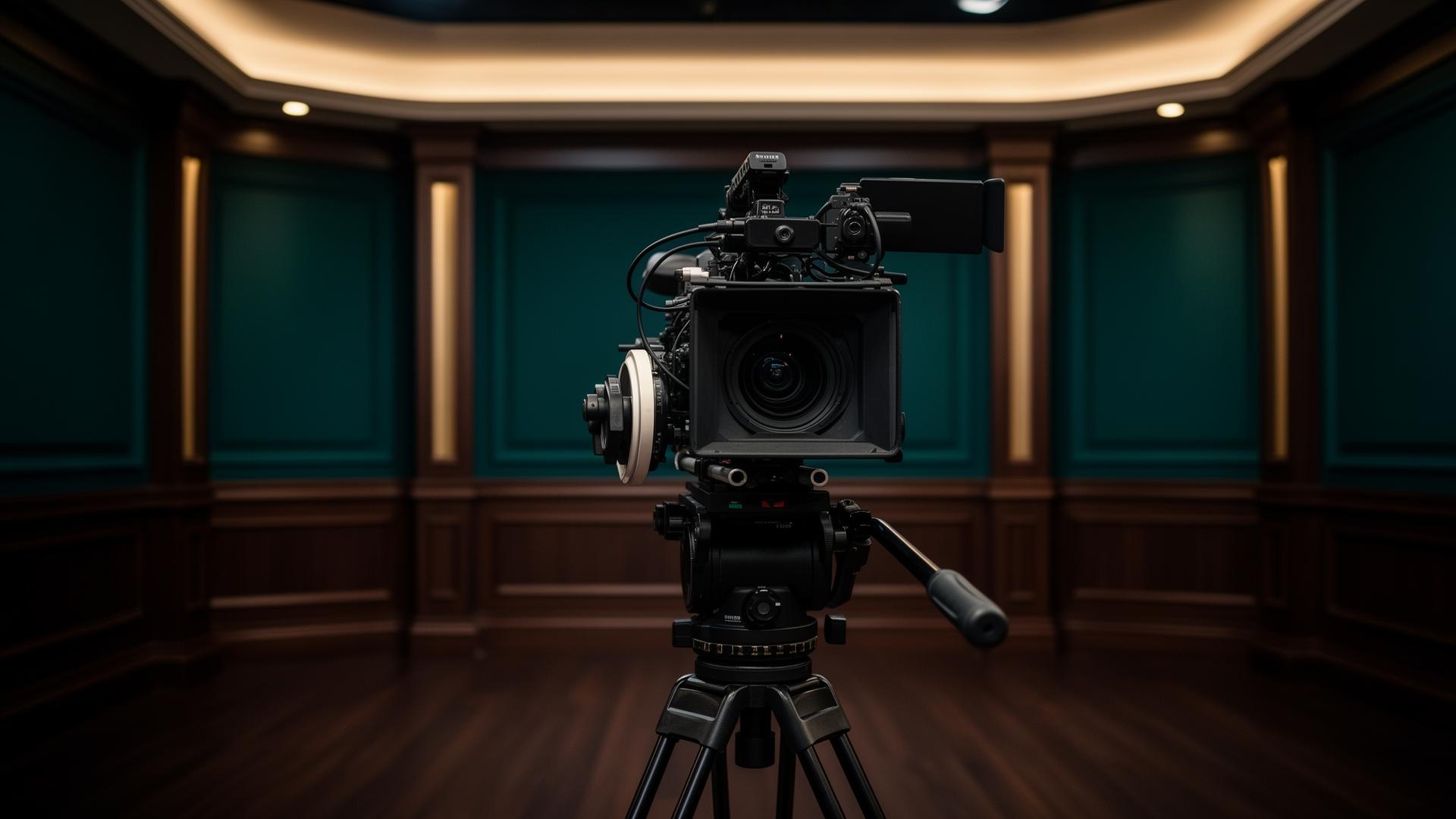 Câmera broadcast profissional posicionada no auditório