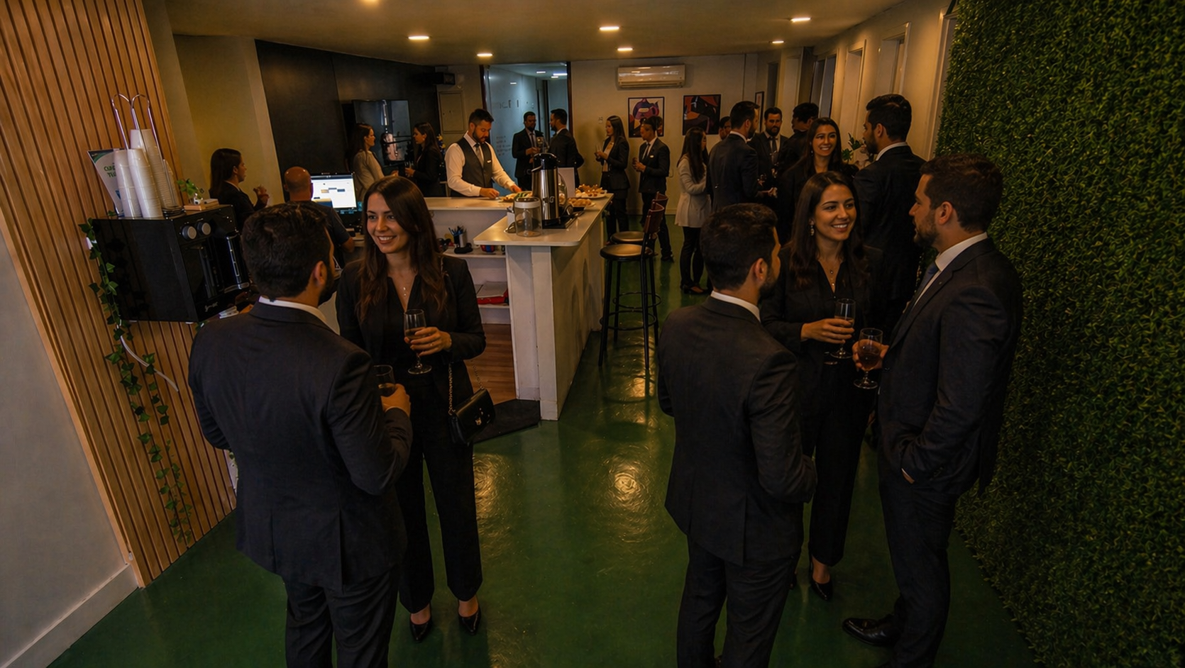 Network executivo na recepção do Hub com convidados em pé conversando