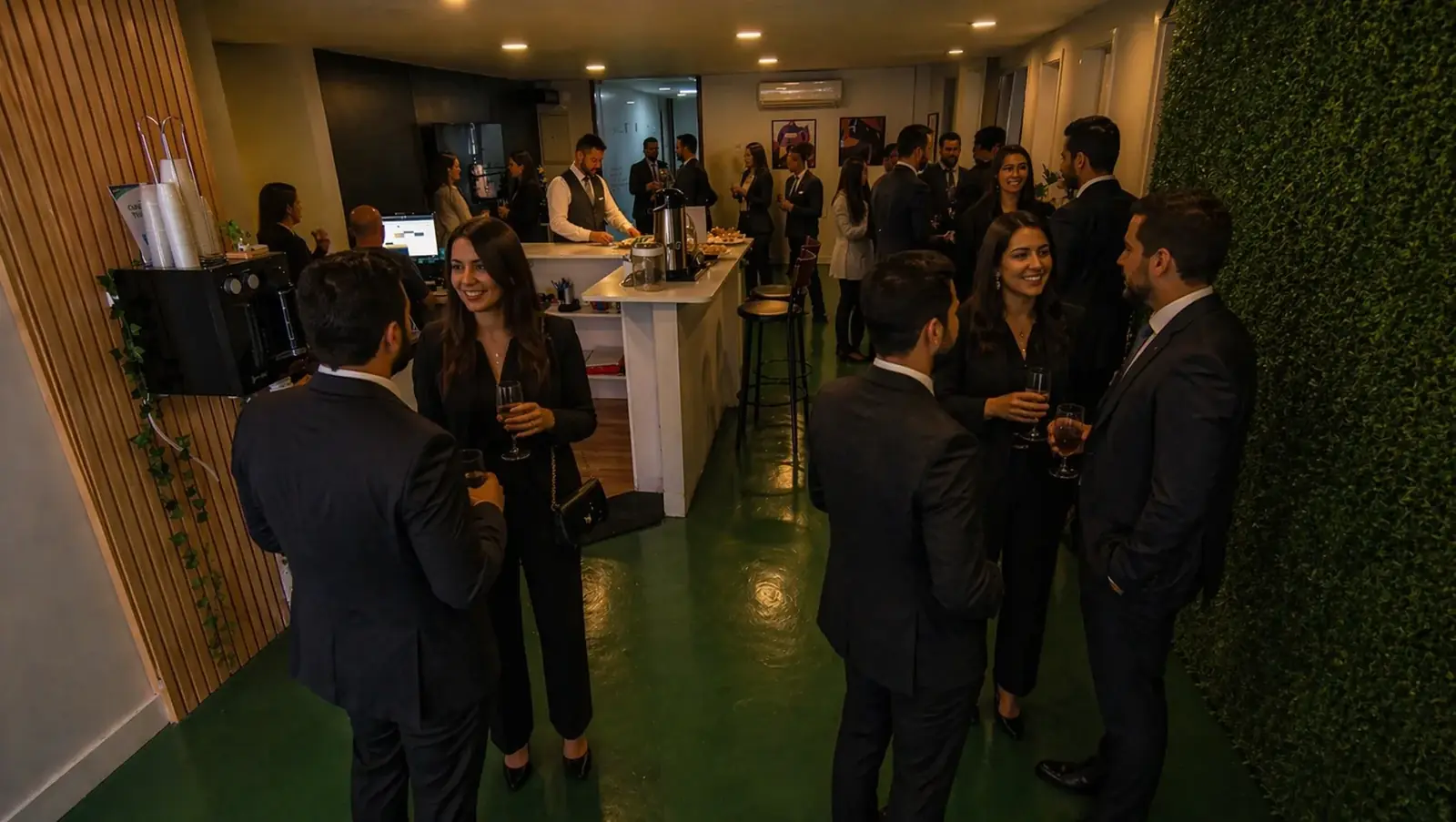 Network executivo na recepção do Hub com convidados em pé conversando
