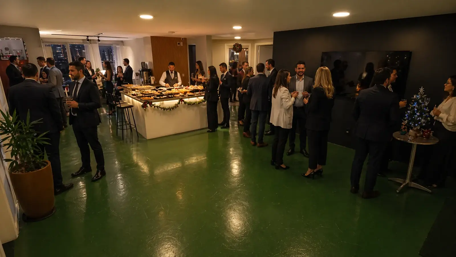 Recepção lotada com convidados em traje executivo durante coffee break premium