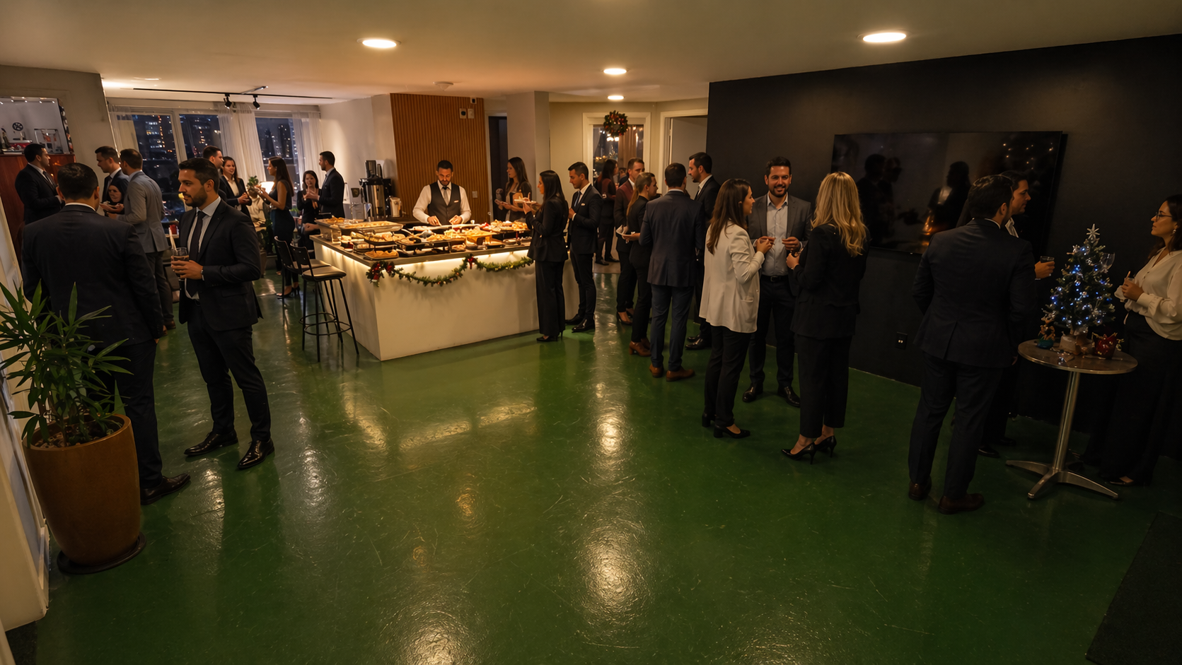 Recepção lotada com convidados em traje executivo durante coffee break premium
